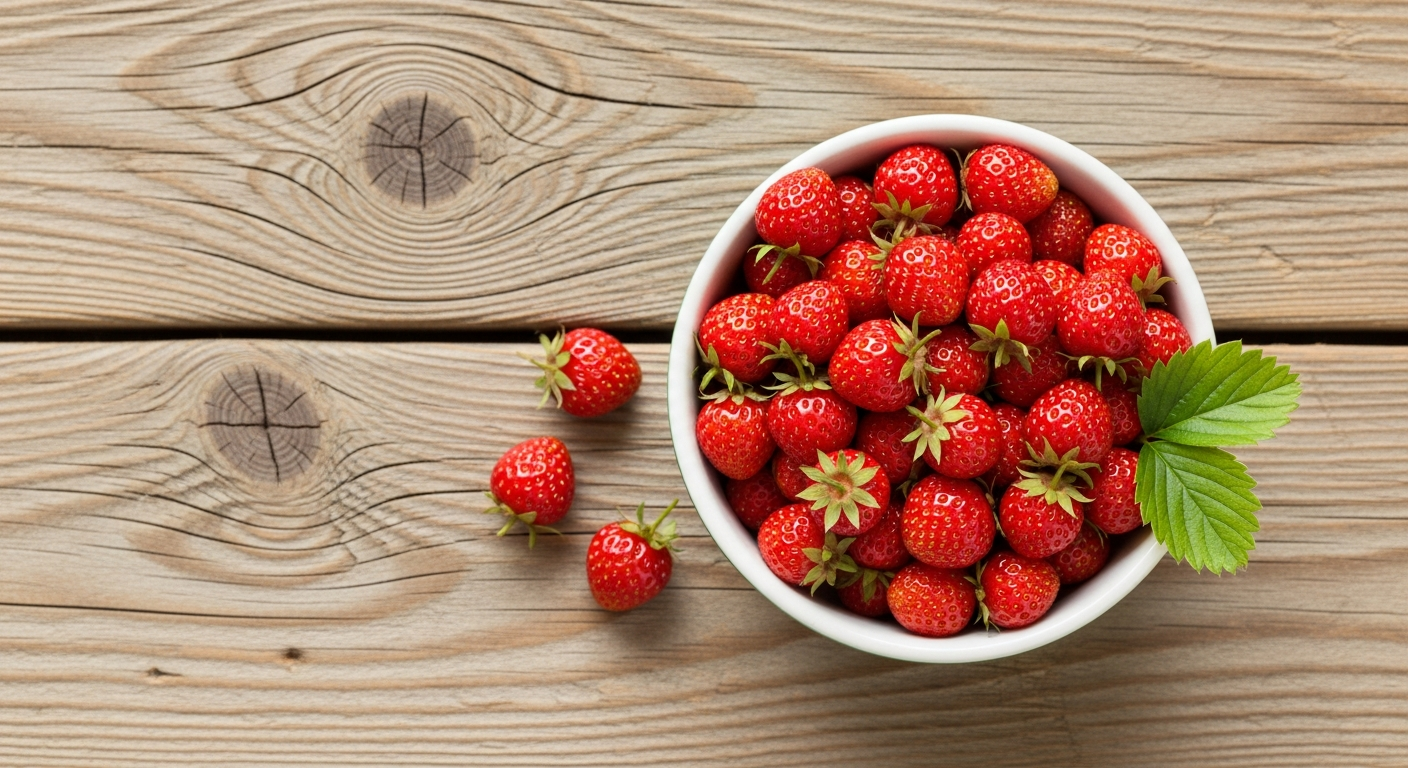 Fresh alpine strawberries in a small bowl showing their deep red color and tiny size