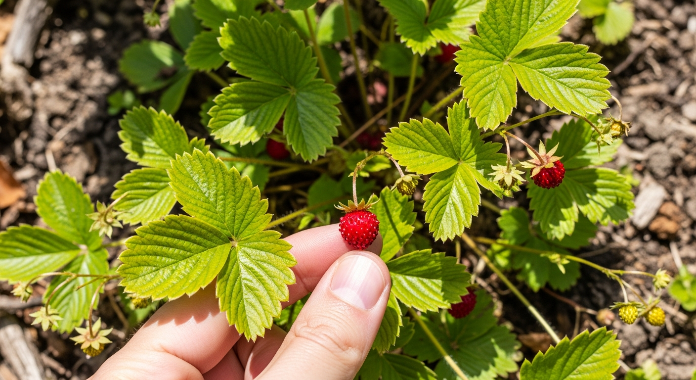 Hand picking a ripe deep-red alpine strawberry from the plant in a summer garden