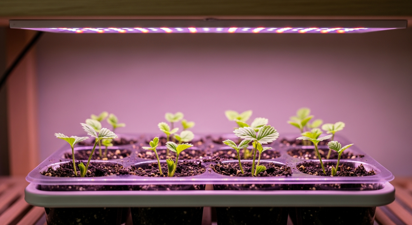 Tiny alpine strawberry seedlings in seed-starting cells under a purple-pink LED grow light
