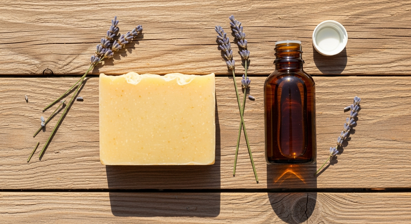 A handmade apple cider vinegar soap bar on a weathered wood surface with a small glass bottle of ACV and dried lavender sprigs