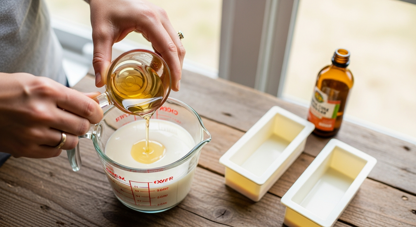 A woman's hands adding apple cider vinegar to a glass measuring cup of melted white soap base, with silicone bar molds on a rustic wood surface