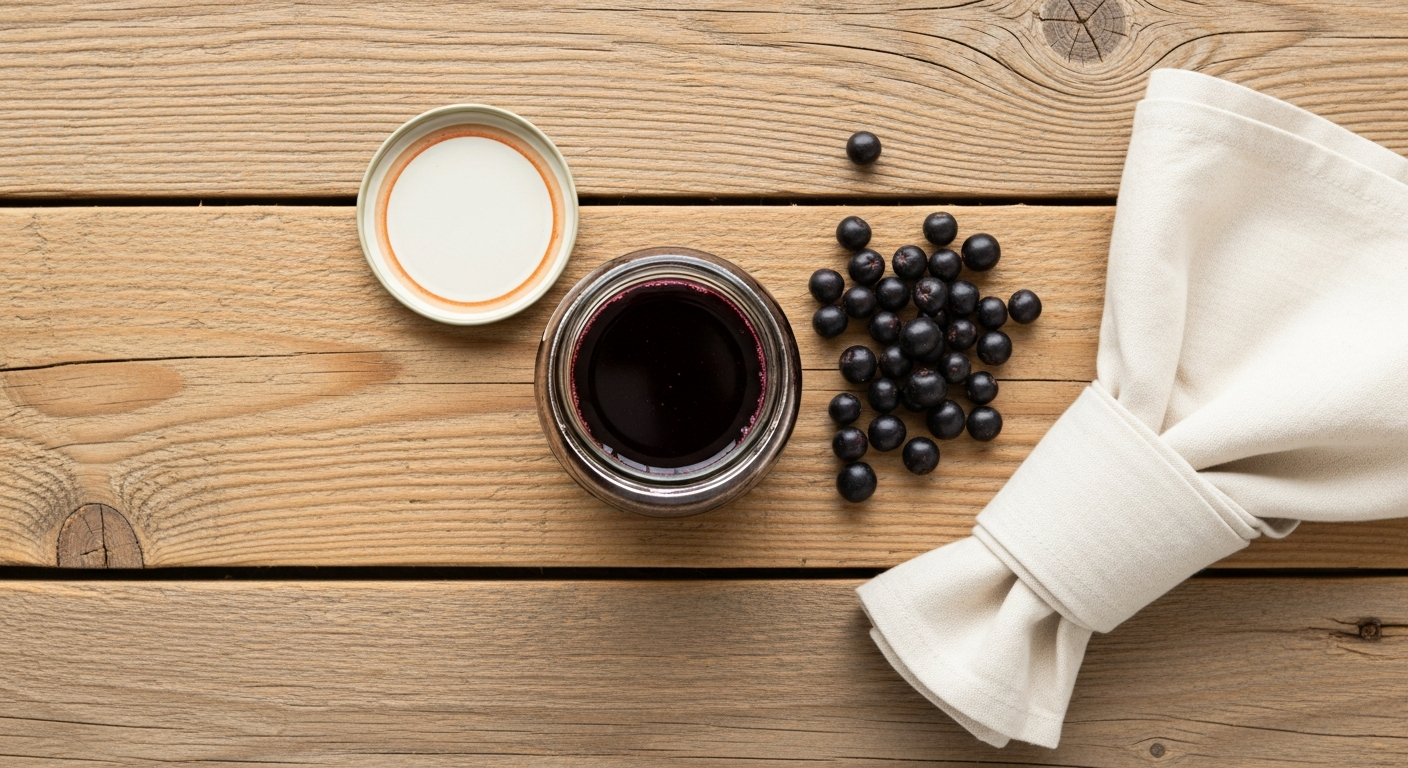 Glass mason jar of deep purple aronia berry syrup on rustic wood with fresh aronia berries alongside