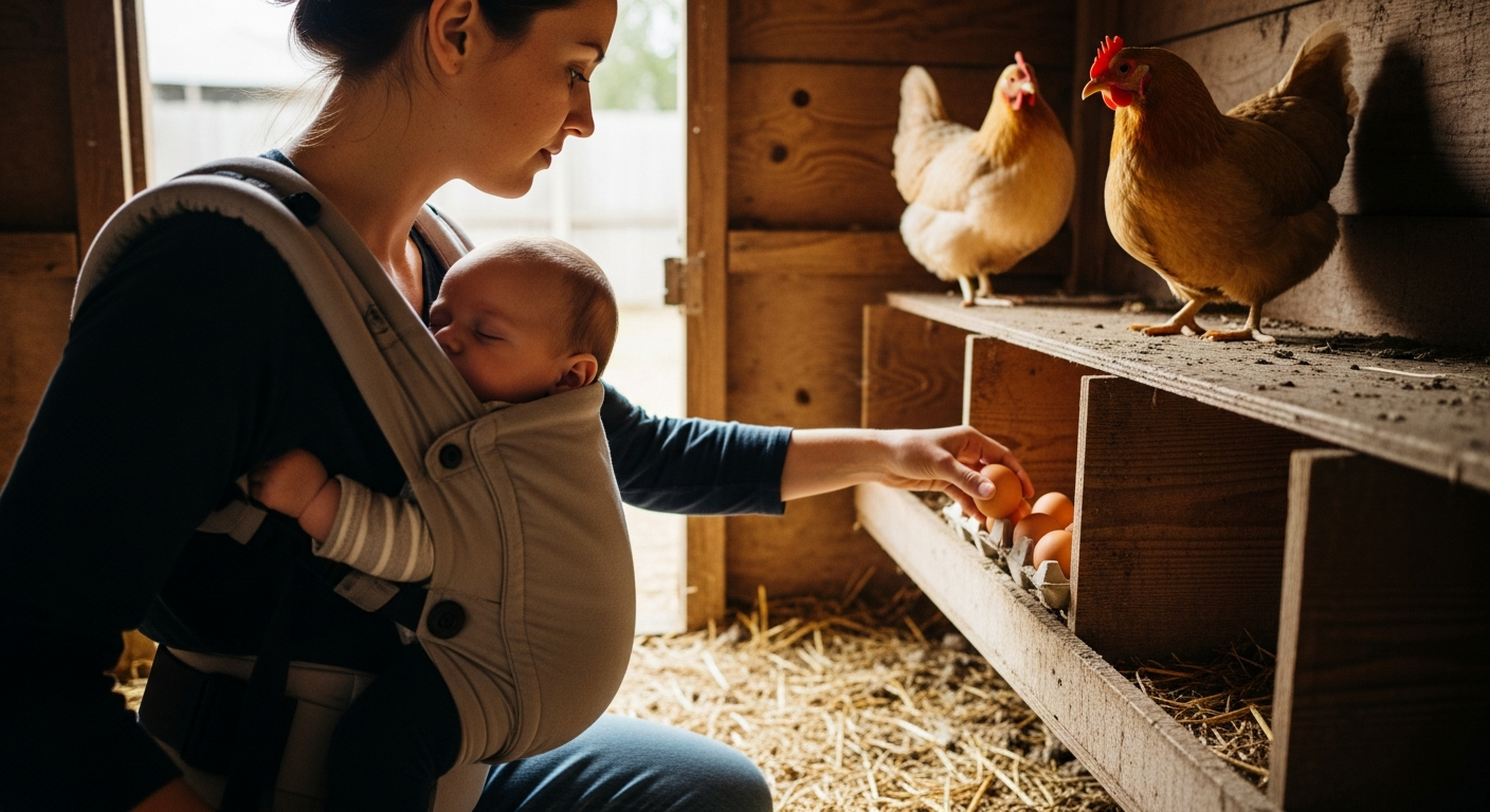 Mom wearing baby in a soft structured carrier while collecting eggs from a chicken nesting box
