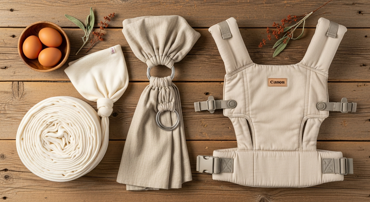Three types of baby carriers laid out flat on wood surface showing wrap, ring sling, and structured carrier options