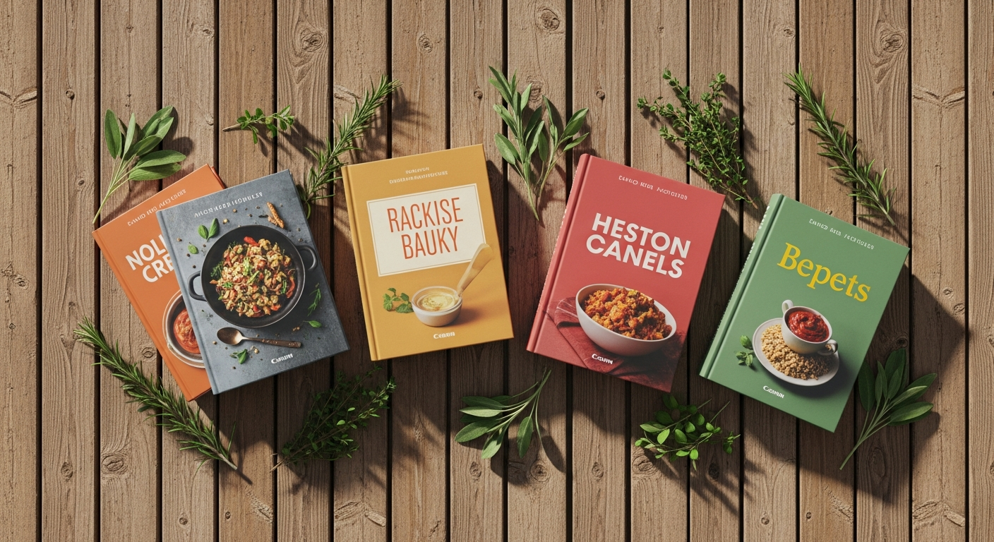 A flat lay of cookbook covers arranged on a weathered wood plank surface with fresh herb sprigs, overhead shot in warm natural light