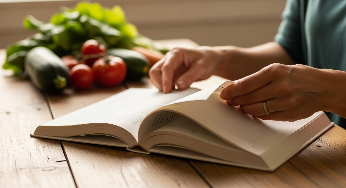 Woman's hands browsing an open cookbook at a farmhouse table with fresh garden vegetables softly in the background