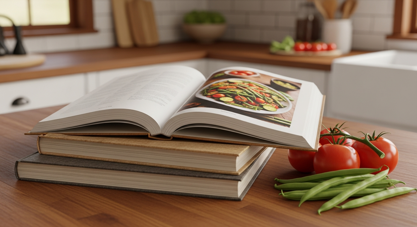 Farm-style cookbooks stacked on a wooden kitchen counter, one open to a recipe page with fresh tomatoes and green beans nearby