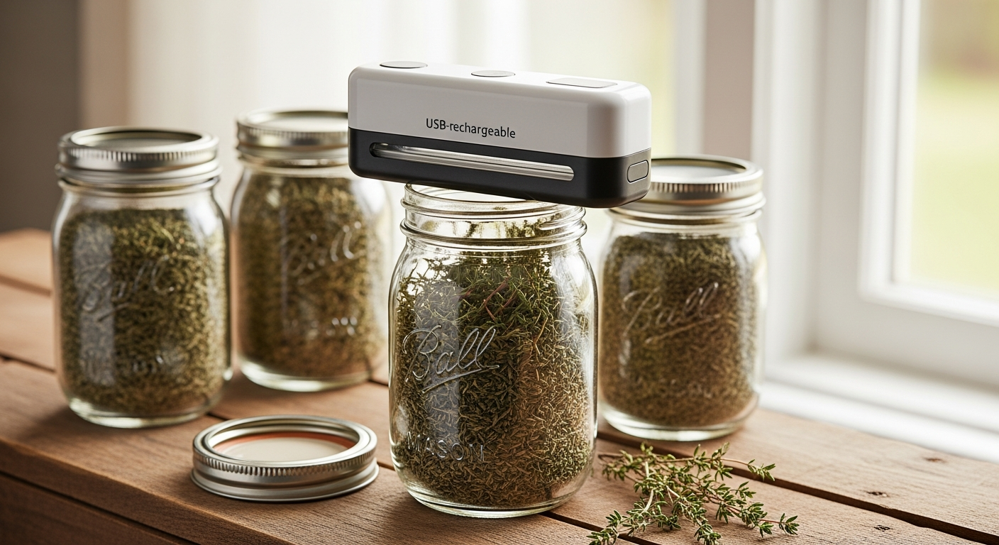 Electric mason jar vacuum sealer on a Ball jar filled with dried herbs on rustic wood pantry surface