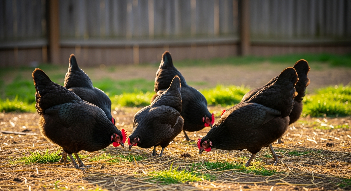 Small flock of black chickens pecking in a homestead backyard yard with warm afternoon light