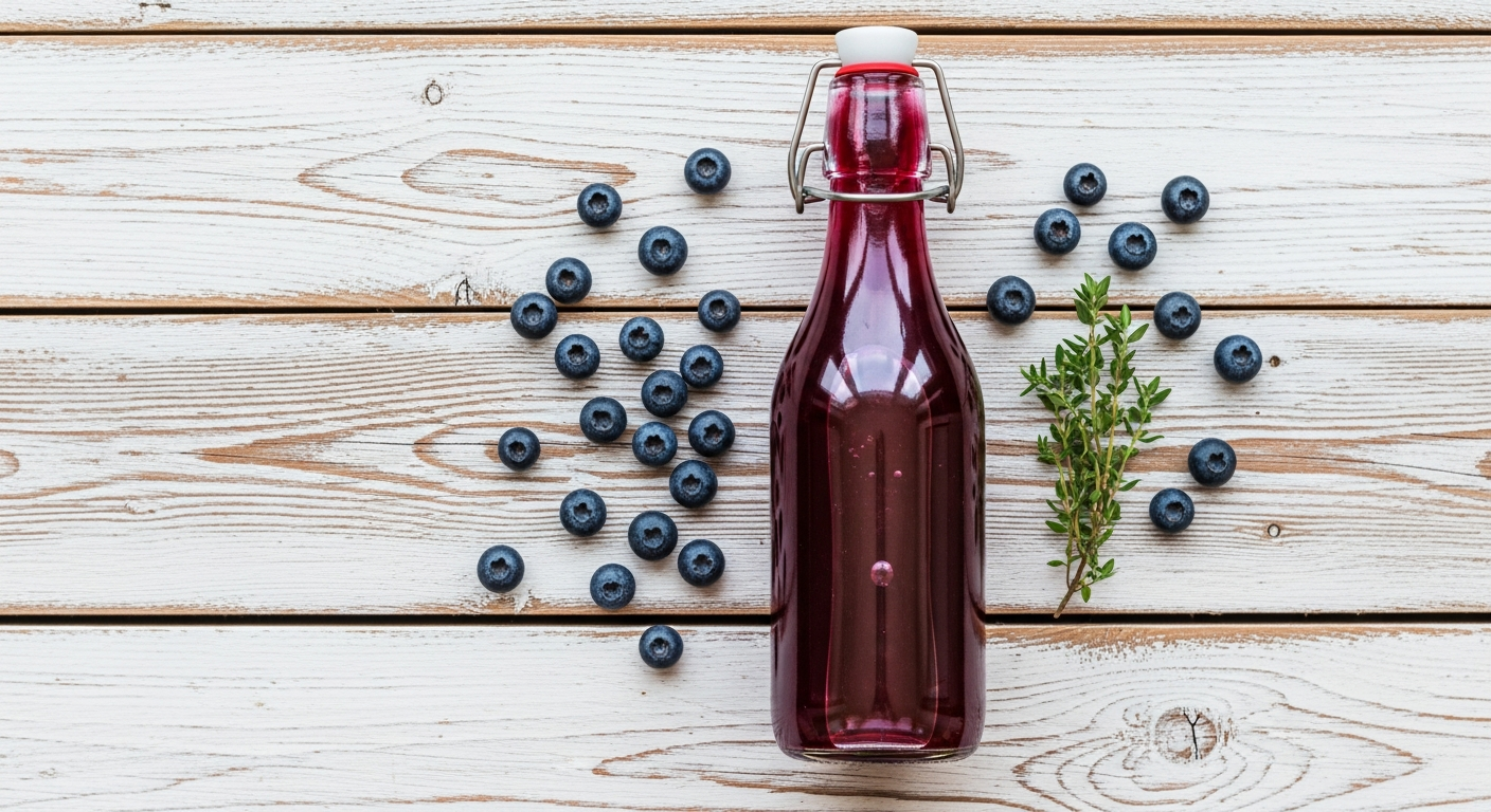 Blueberry vinegar in a swing-top glass bottle with fresh blueberries scattered on a white wood surface