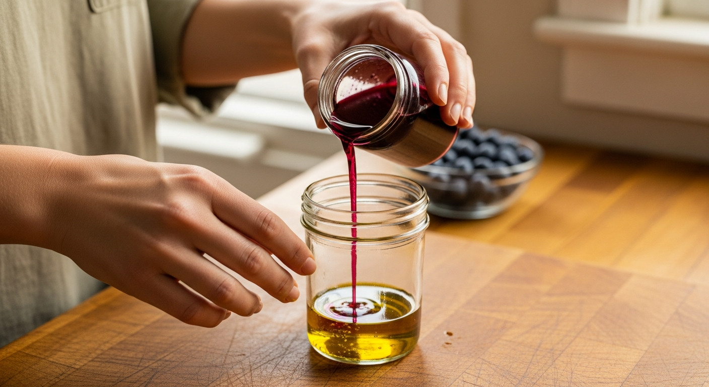 Blueberry vinegar being poured into a jar for homemade salad dressing on a kitchen counter