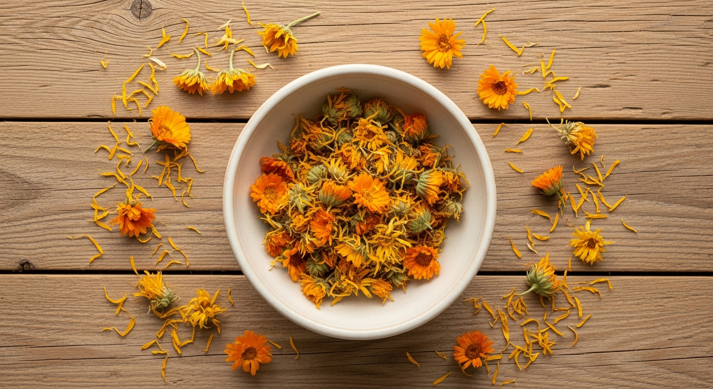 Dried calendula flowers in a ceramic bowl for making homemade calendula salve