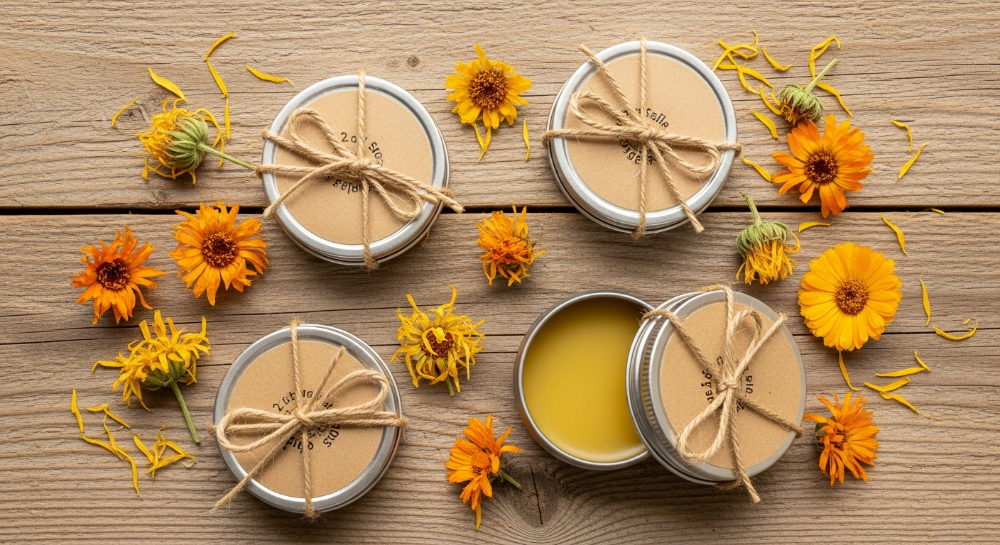 Finished calendula salve gift tins with kraft labels and dried flowers on wood surface