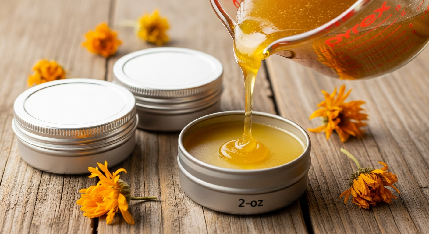 Pouring warm golden calendula salve into small metal tins