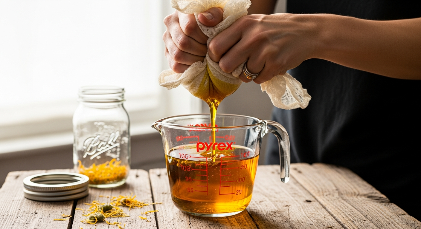 Straining golden calendula-infused oil through cheesecloth into a measuring cup