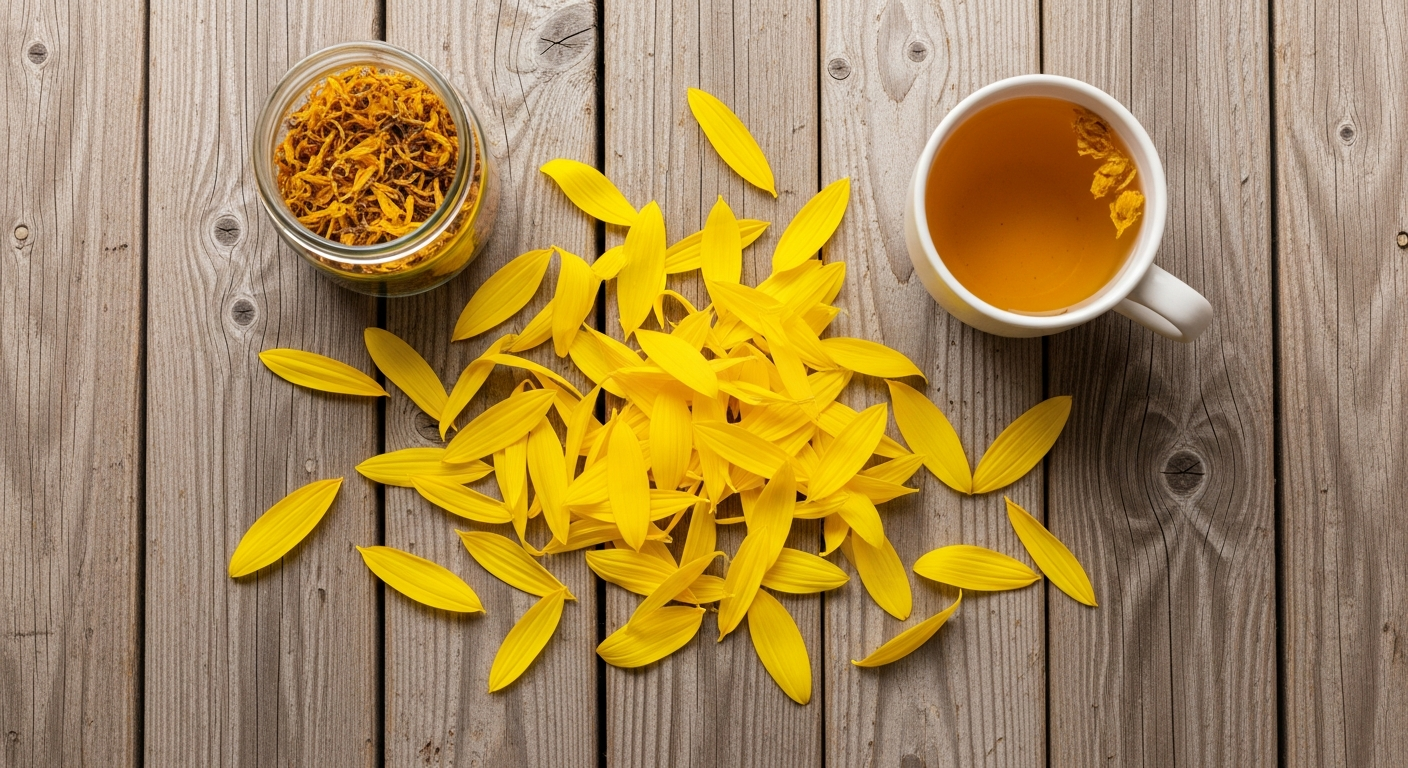 Fresh yellow sunflower petals you can eat scattered on wood with dried petals jar and golden tea