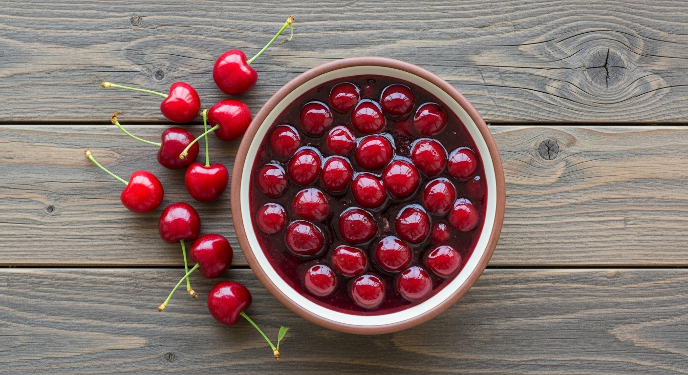 Bowl of glossy homemade cherry pie filling with jewel-toned cherries on a dark wood surface