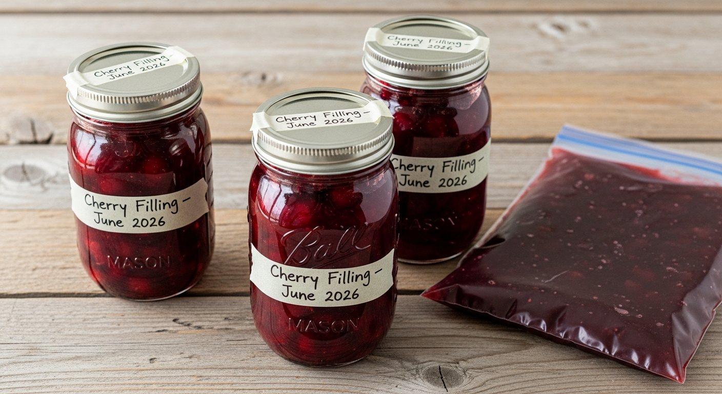 Labeled mason jars and freezer bag of cherry pie filling lined up on a wood surface