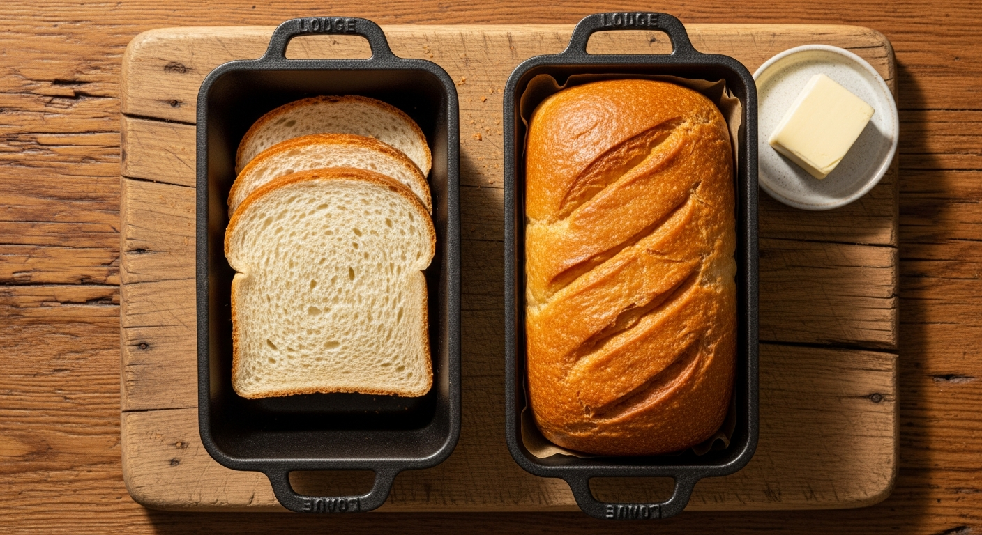 Overhead flat lay of sliced golden sandwich bread loaf next to a Lodge cast iron loaf pan on a rustic wood cutting board