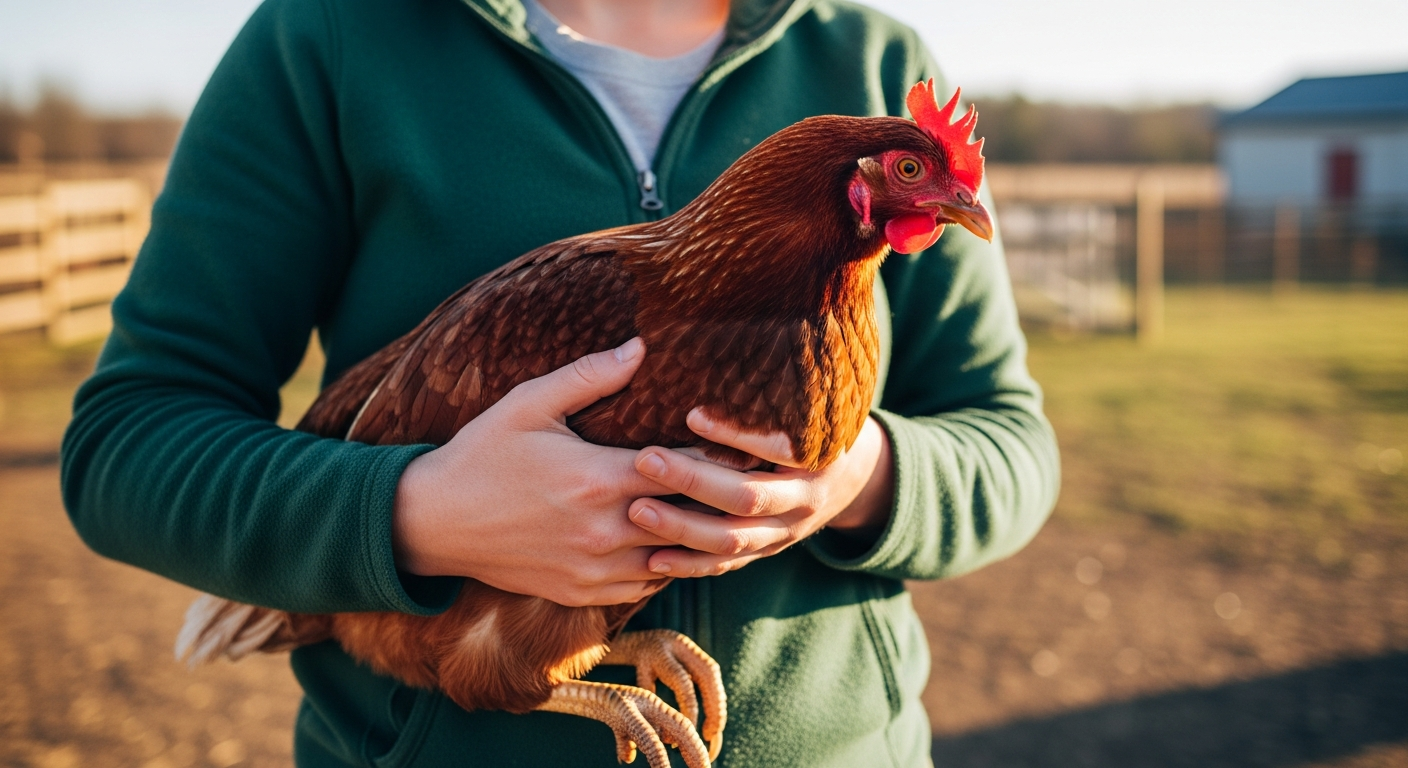A Rhode Island Red hen being gently held in a woman's hands in a sunny farmyard, the hen calm and relaxed