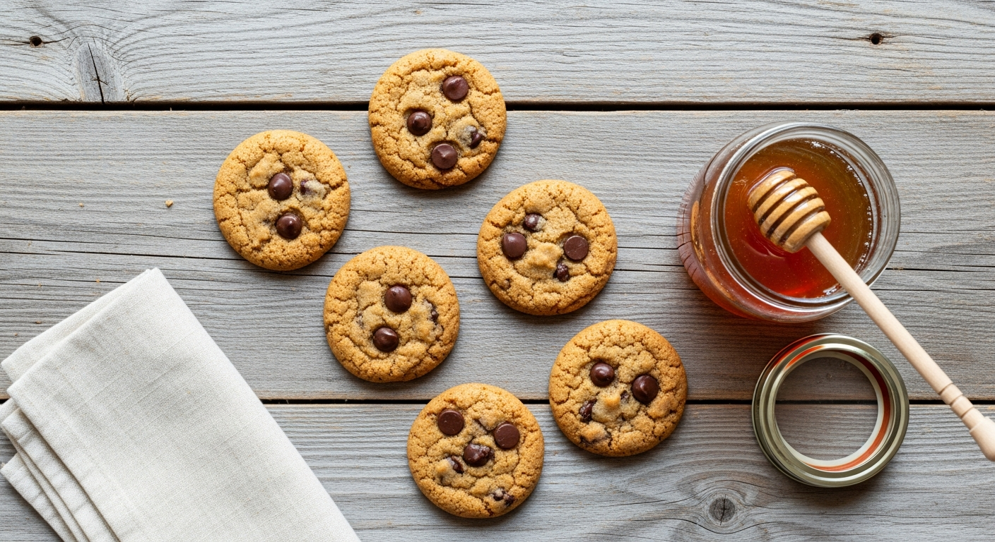 Overhead view of honey chocolate chip cookies on rustic wood surface with jar of raw amber honey nearby