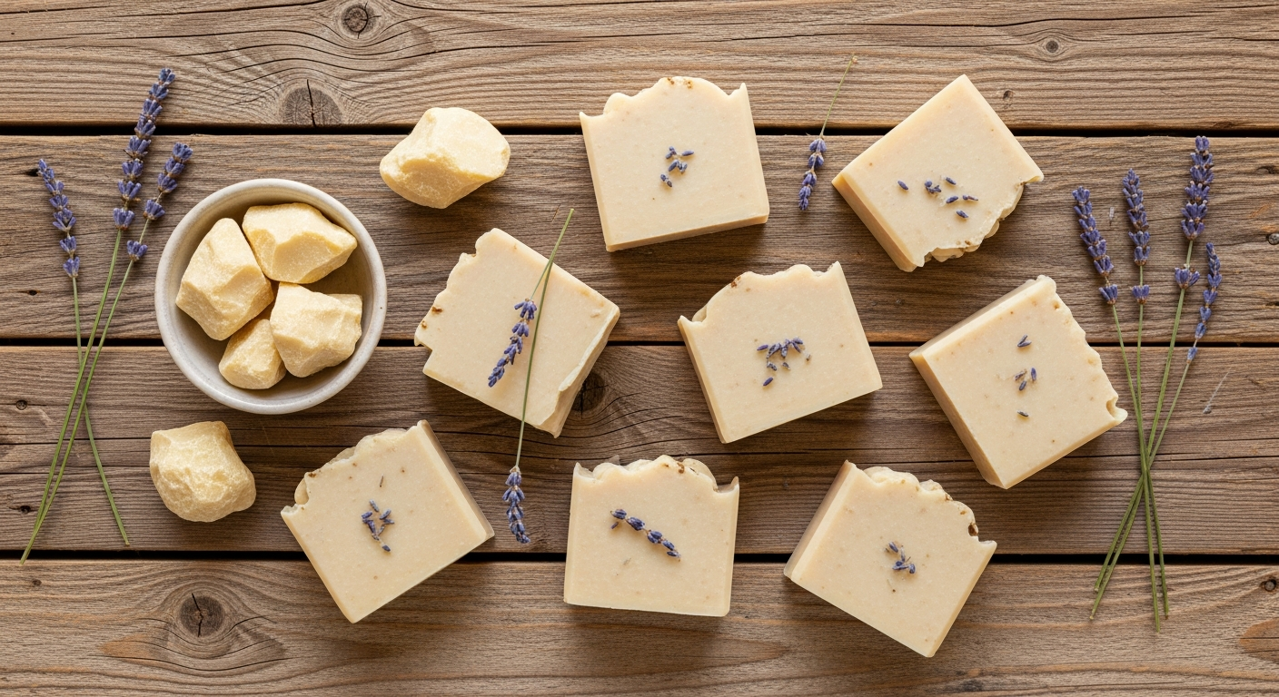 Freshly cut homemade cocoa butter soap bars on rustic wood with lavender and raw cocoa butter