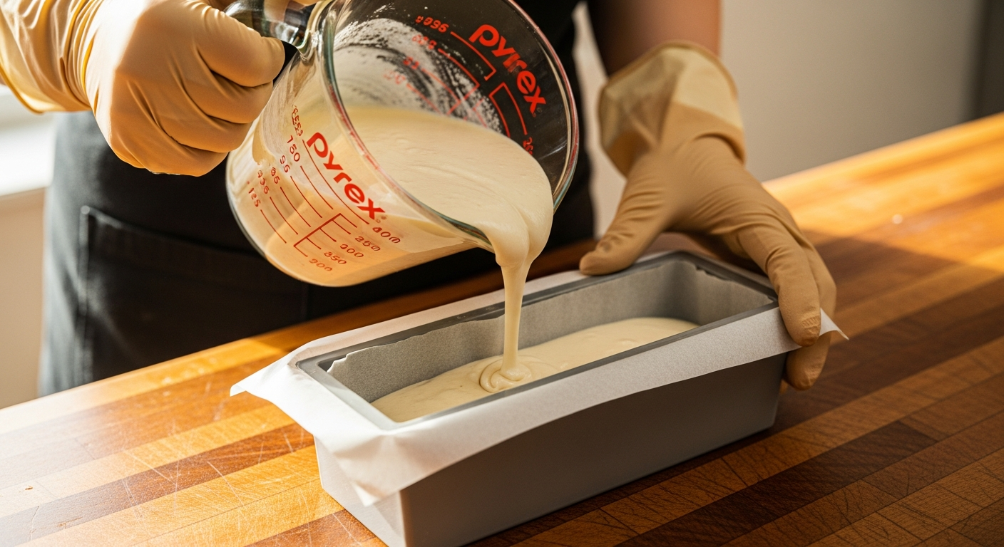 Gloved hands pouring cocoa butter soap batter into a silicone mold on butcher block countertop