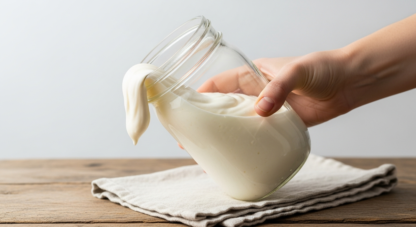Hand tilting a mason jar to show thickened cultured buttermilk pulling away from the glass in one set mass