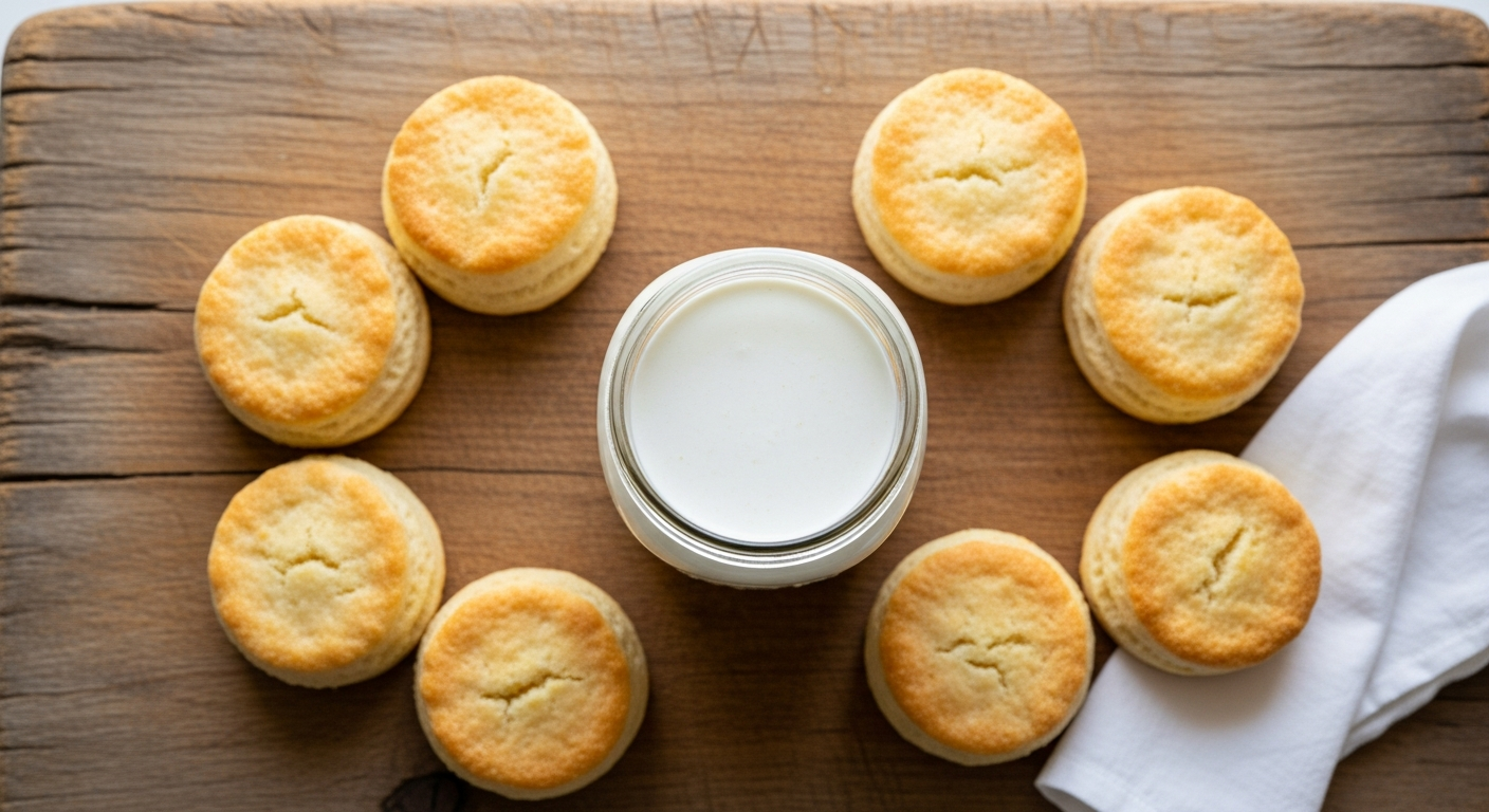 Overhead view of a jar of homemade cultured buttermilk surrounded by golden biscuits on a weathered wood cutting board
