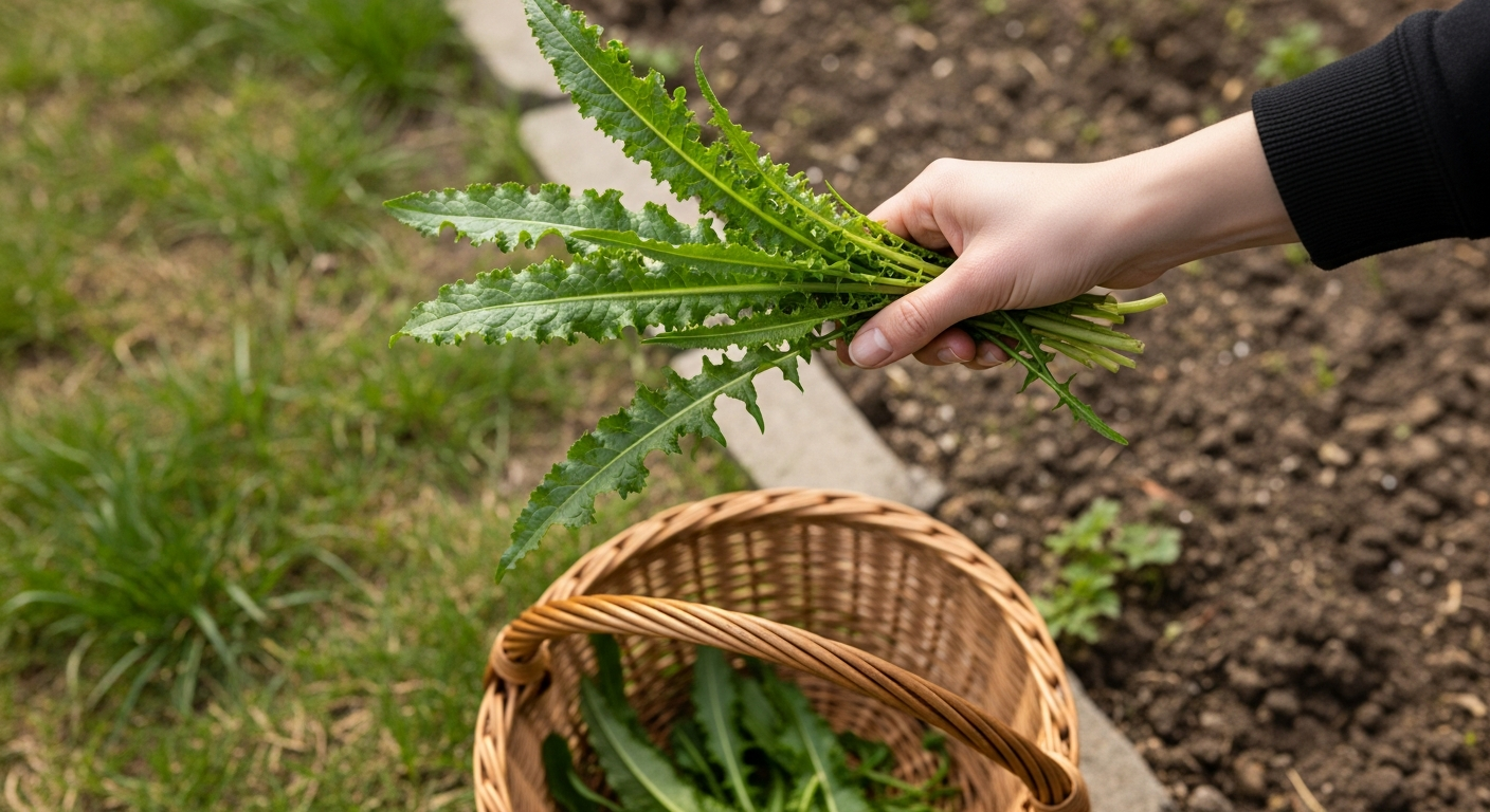 A hand holding a bundle of fresh young curly dock leaves harvested from a backyard, with a rustic wicker basket visible in the background