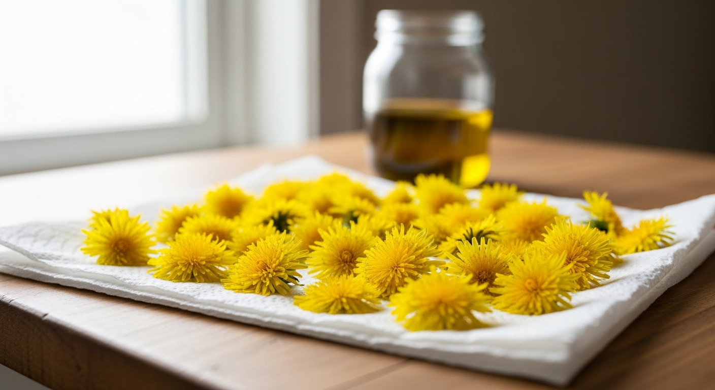 Dandelion flowers spread in a single layer on white paper towels wilting before being infused into oil for dandelion salve