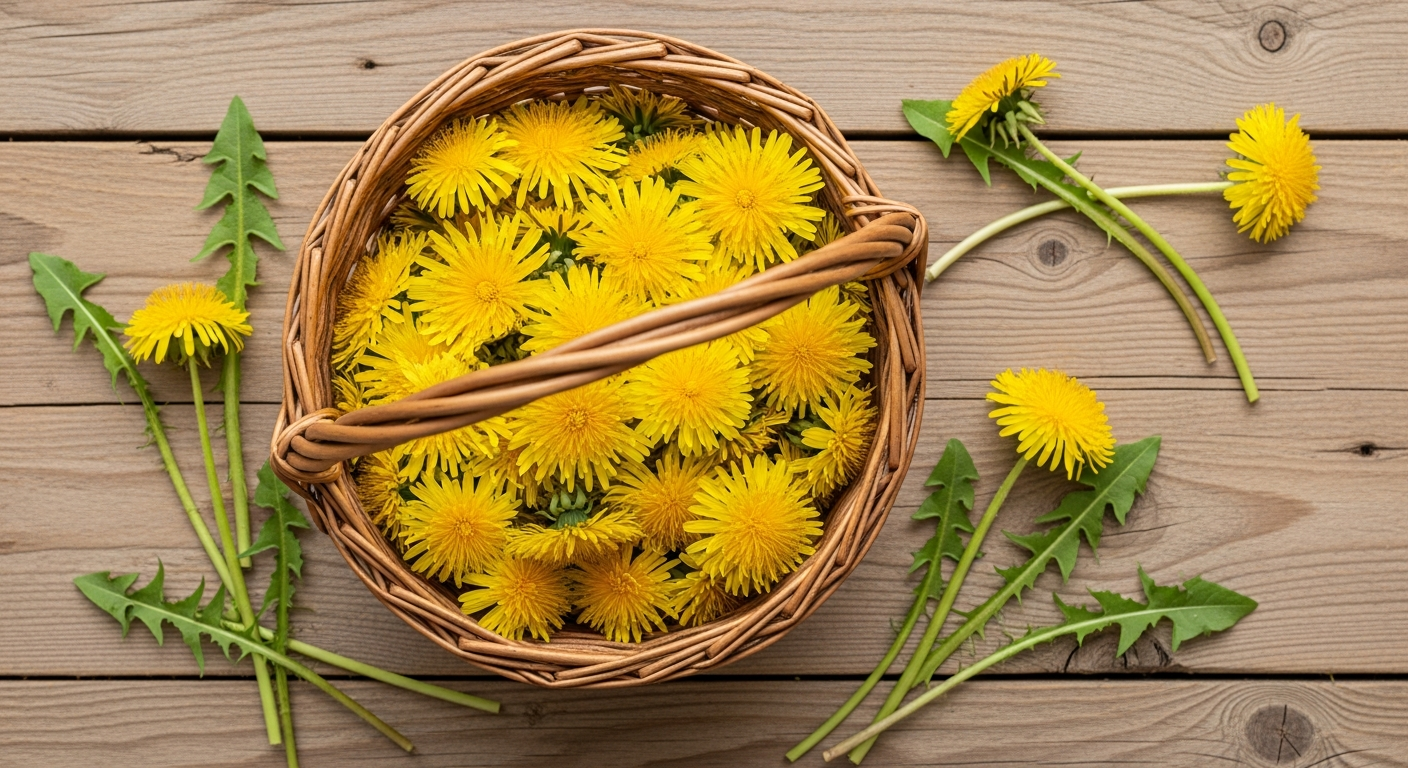 Freshly picked dandelion flowers piled in a rustic wicker basket on a wood surface for making dandelion salve