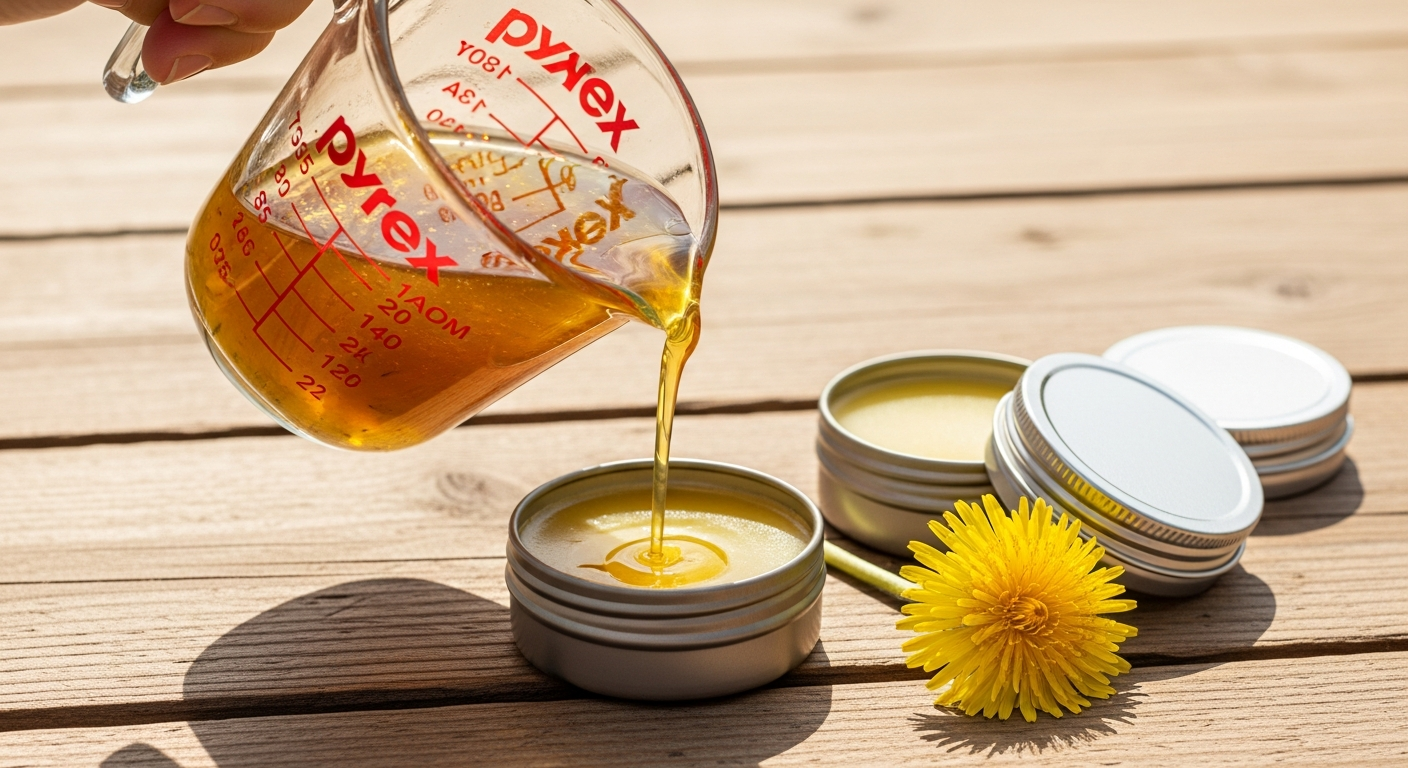 Pouring warm golden dandelion salve from a Pyrex measuring cup into small metal tins on a rustic wood surface