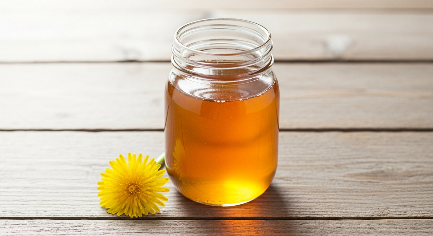 Homemade dandelion syrup in a mason jar beside a fresh dandelion flower