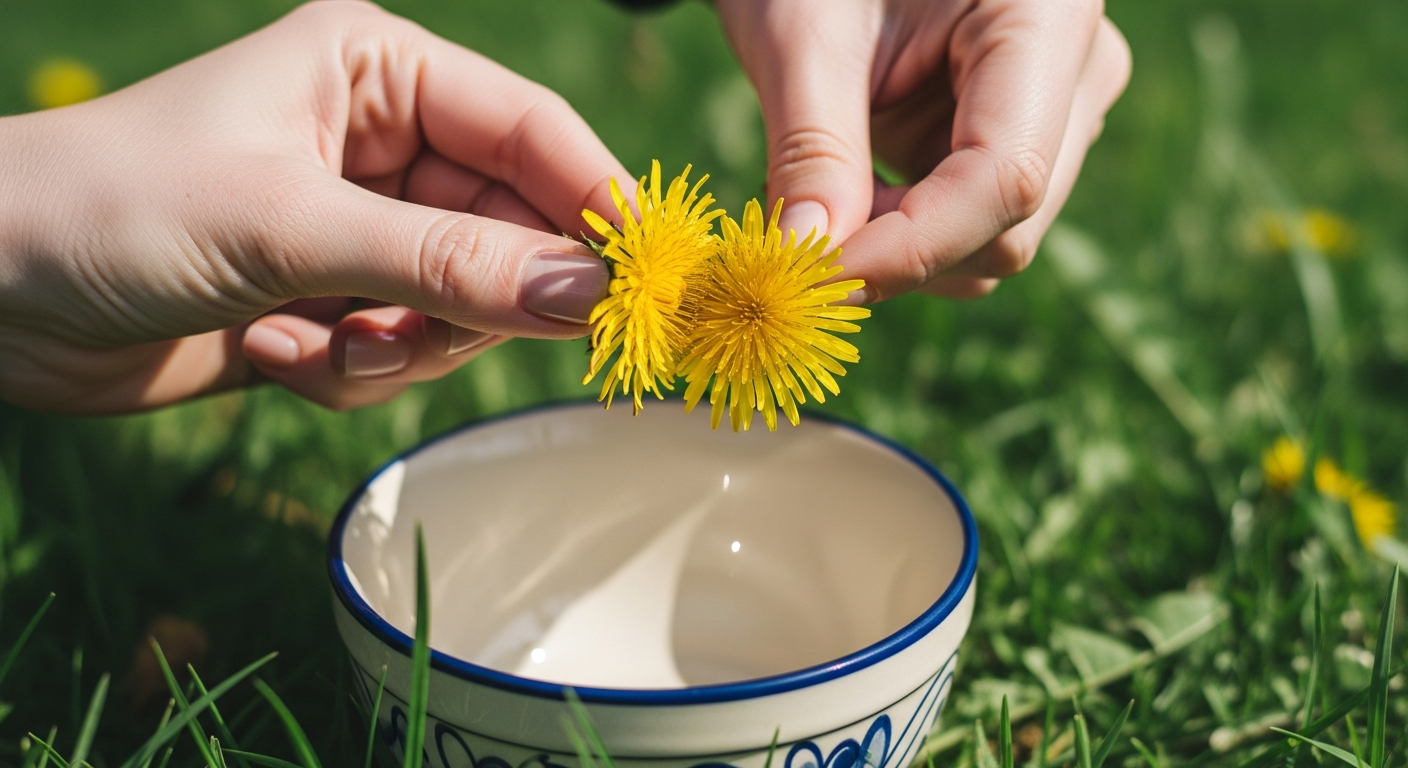 Hands separating dandelion petals from the green flower head for making syrup