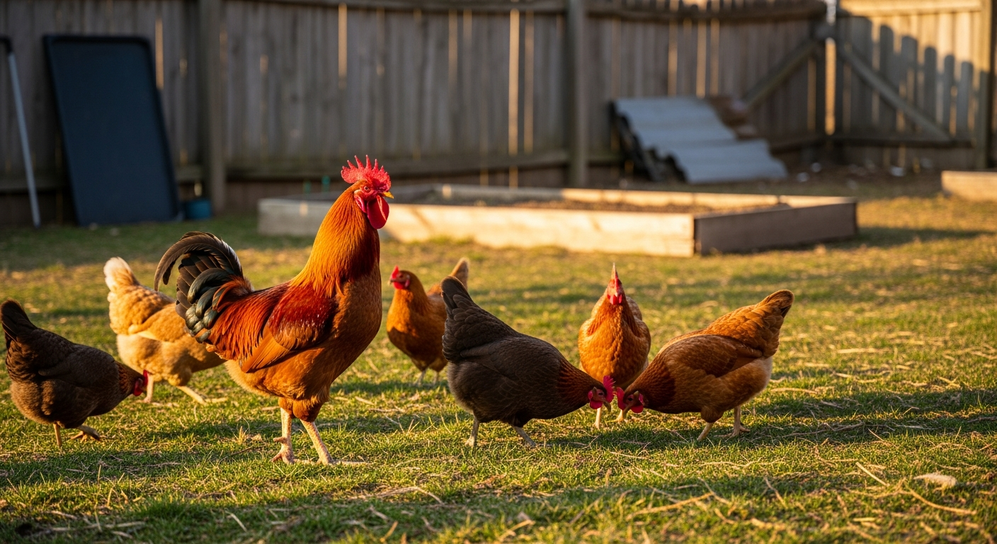 A Rhode Island Red rooster standing with his backyard flock in a homestead yard on a spring morning