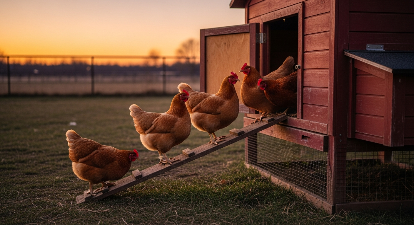 Backyard chicken coop at dusk with Buff Orpington hens on the ramp, warm amber evening light