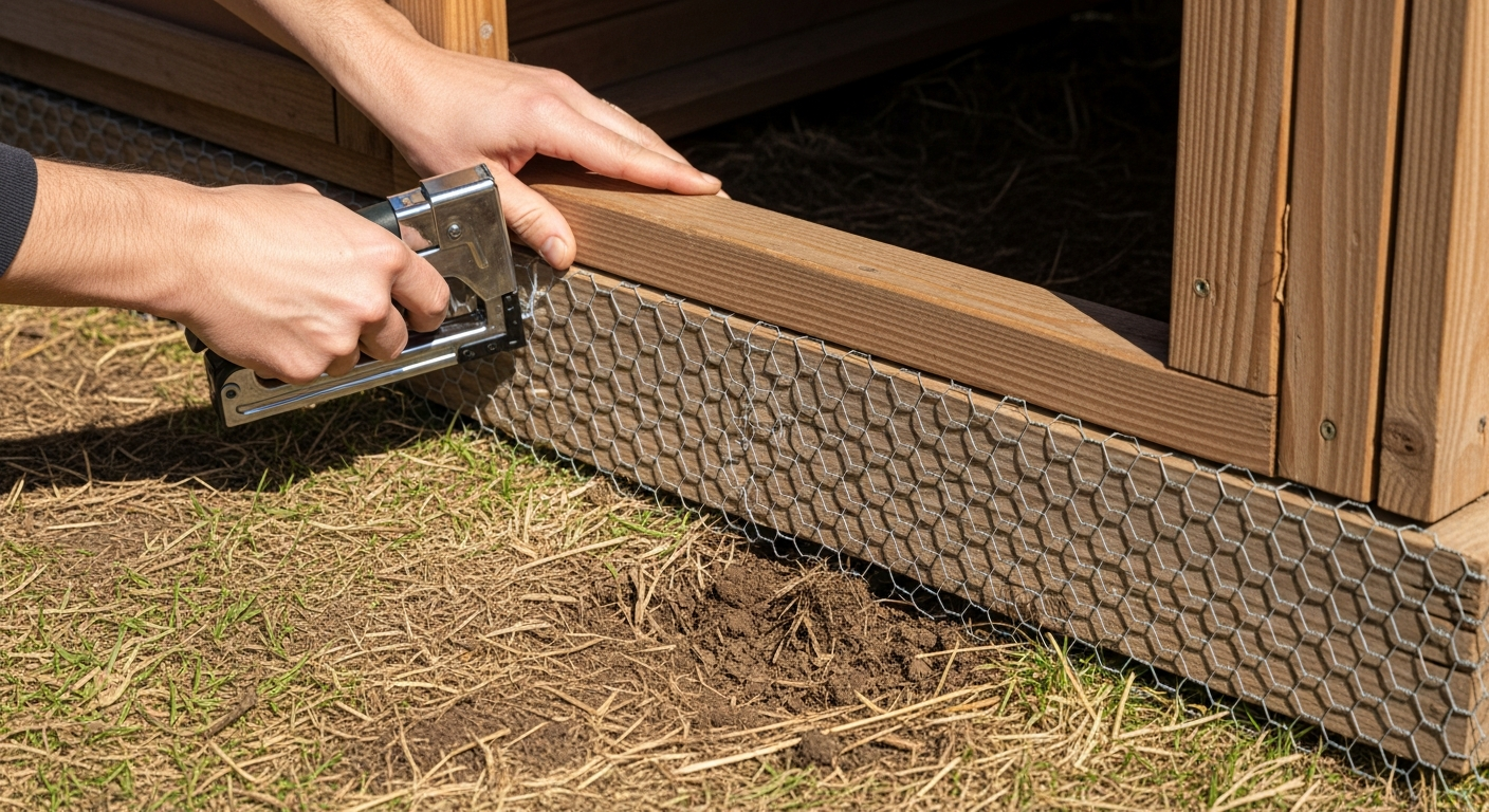 Hands installing galvanized hardware cloth at the base of a chicken coop to prevent skunk digging