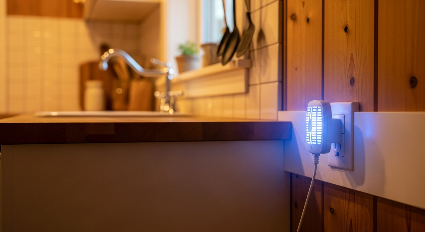 Plug-in fly trap device with soft blue UV glow in a warm rustic farmhouse kitchen outlet