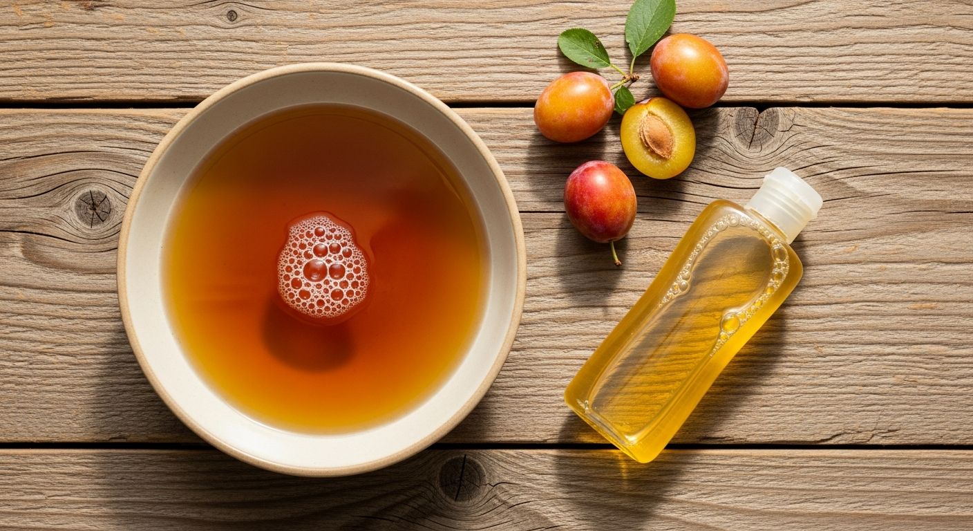DIY fruit fly trap bowl filled with apple cider vinegar and dish soap on rustic wood surface