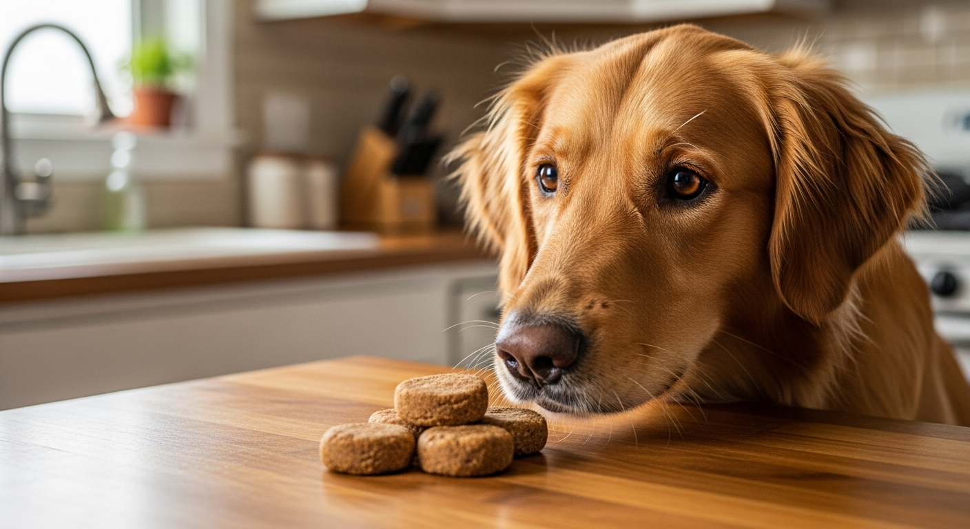 A golden retriever dog sniffing homemade dog breath mints on a farmhouse kitchen counter with natural window light