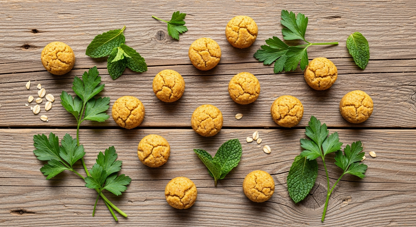Bowl of homemade dog breath mints surrounded by fresh parsley and mint sprigs on a wooden surface