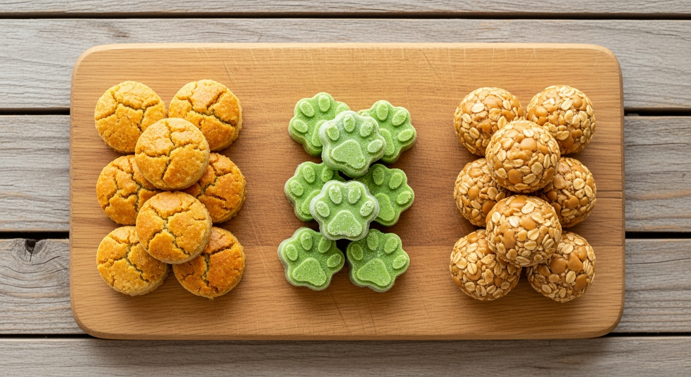 Three variations of homemade dog breath mints on a wooden cutting board showing baked, frozen, and peanut butter versions