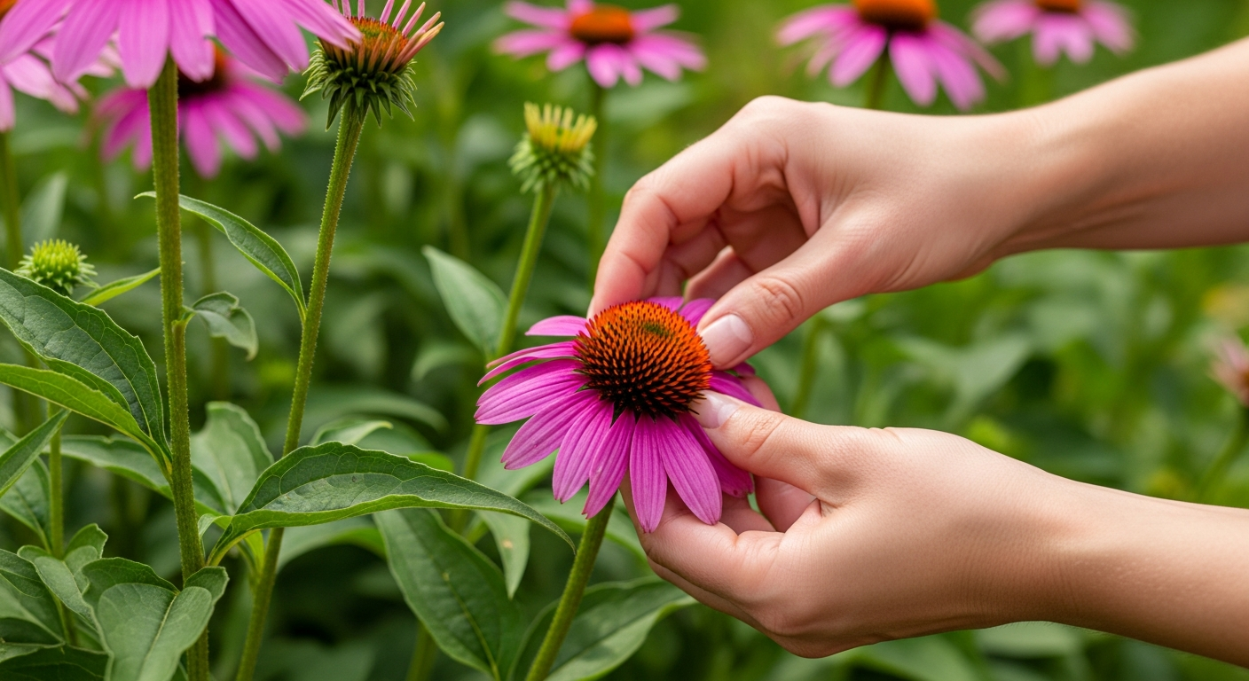 A woman's hands harvesting fresh purple echinacea coneflower blooms from a summer garden