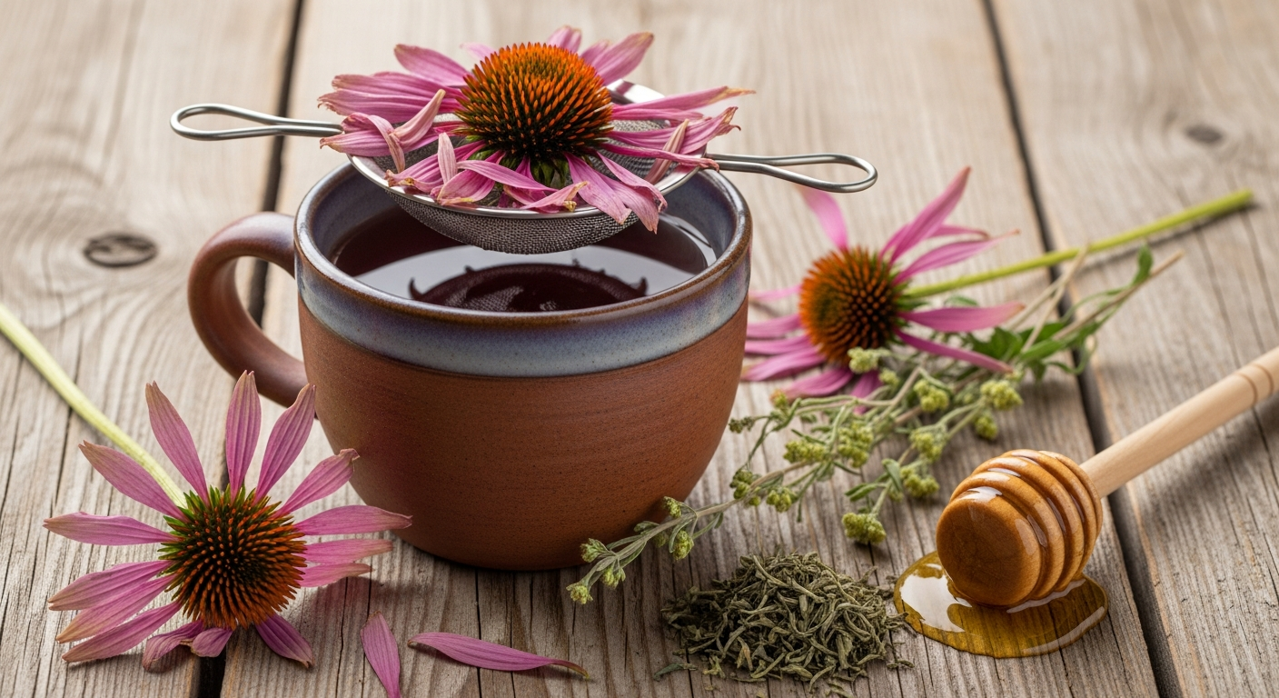 A rustic ceramic mug of echinacea tea steeping with dried coneflower petals in a tea strainer on a weathered wood surface