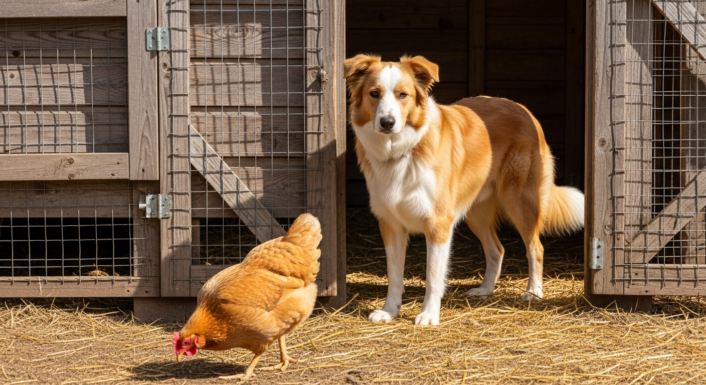 English Shepherd standing watchfully at a rustic chicken coop with Buff Orpington hen nearby