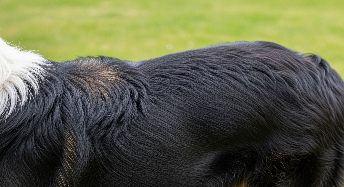 Close-up of English Shepherd tricolor coat showing glossy double coat texture outdoors