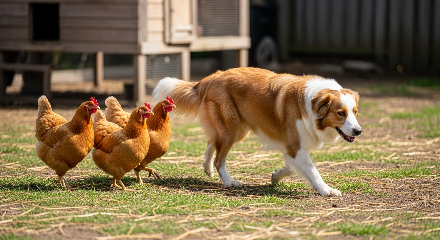 English Shepherd herding Buff Orpington chickens across a backyard farm run