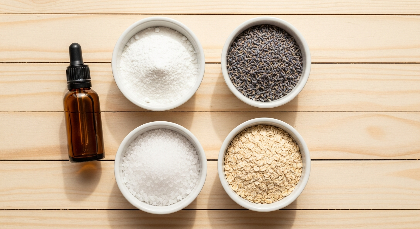 Optional add-ins for an Epsom salt and baking soda bath including essential oils, dried lavender, and colloidal oatmeal