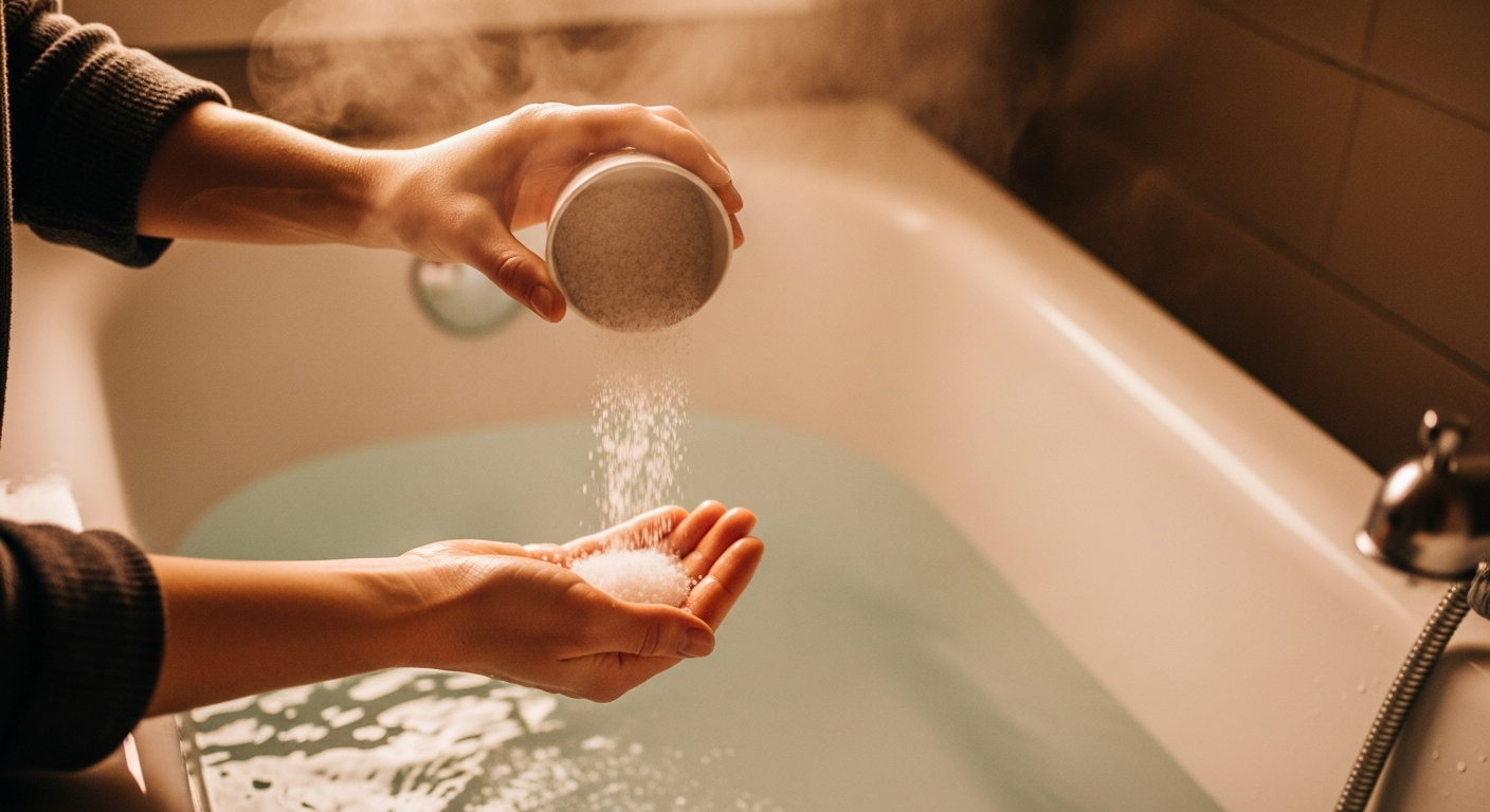 Pouring Epsom salt into a warm bath to make an Epsom salt and baking soda bath